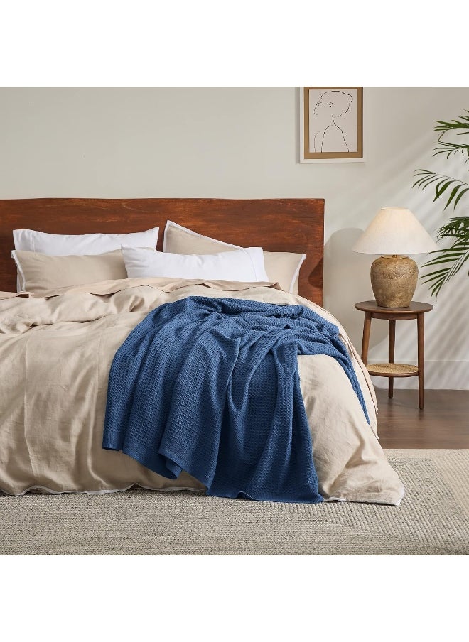 Bedsure 100% Cotton Blanket King Size for Bed - Breathable and Soft, Waffle Weave Blanket for Summer Spring, Navy, 104x90 inches
