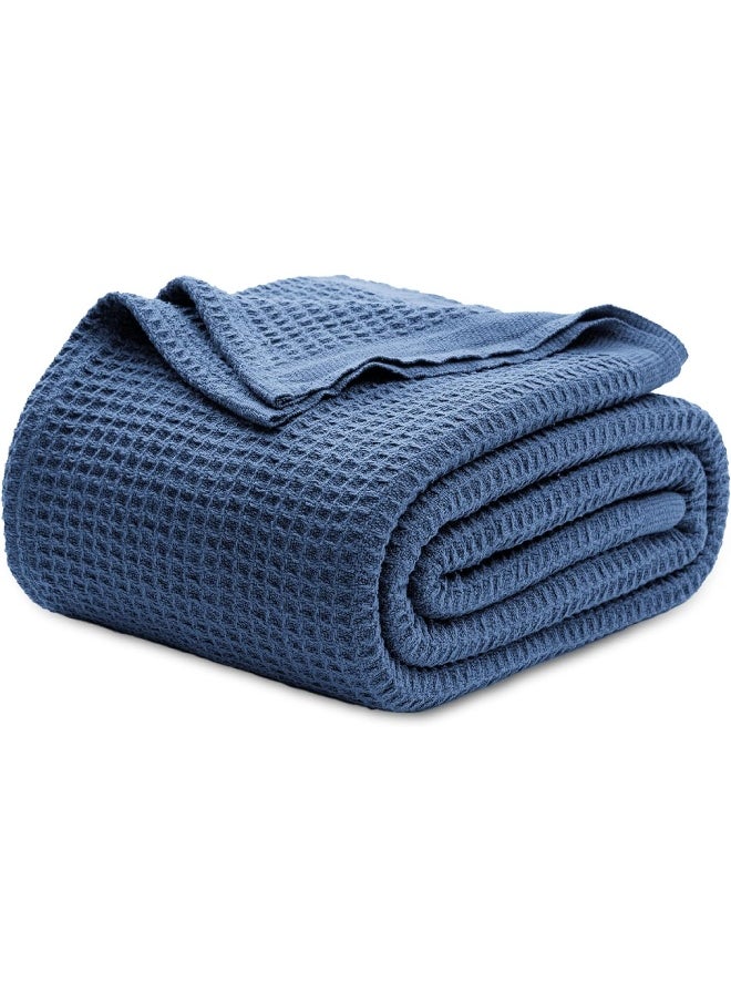 Bedsure 100% Cotton Blanket King Size for Bed - Breathable and Soft, Waffle Weave Blanket for Summer Spring, Navy, 104x90 inches