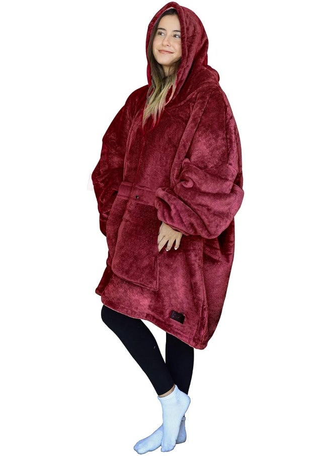 Tirrinia Blanket Sweatshirt, Super Soft Warm Comfortable Sherpa Hoodie with Giant Pocket, for Adults, Kids, Boys, Girls, Reversible, Hood, Oversized One Size Wine