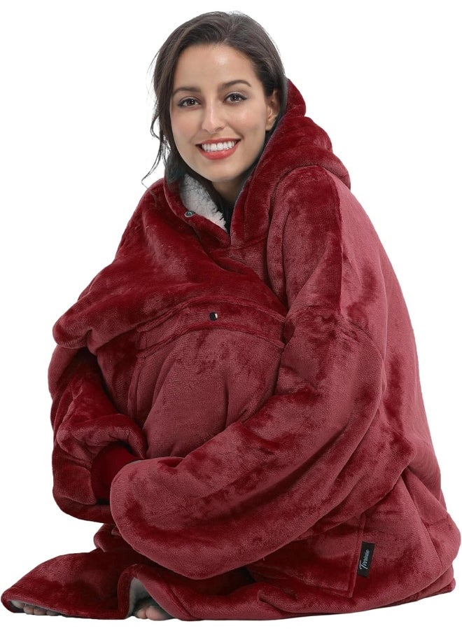 Tirrinia Blanket Sweatshirt, Super Soft Warm Comfortable Sherpa Hoodie with Giant Pocket, for Adults, Kids, Boys, Girls, Reversible, Hood, Oversized One Size Wine