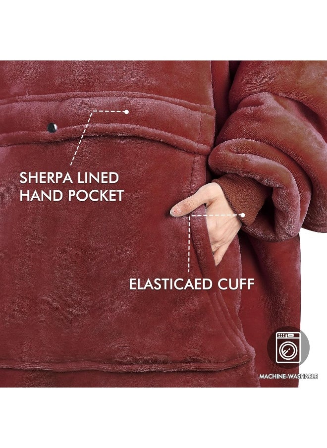 Tirrinia Blanket Sweatshirt, Super Soft Warm Comfortable Sherpa Hoodie with Giant Pocket, for Adults, Kids, Boys, Girls, Reversible, Hood, Oversized One Size Wine