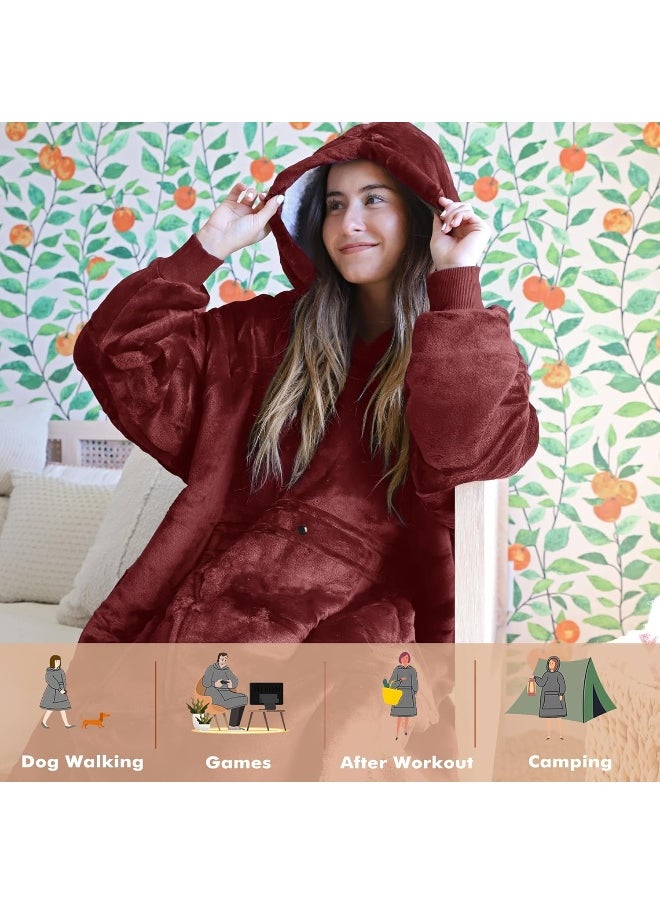 Tirrinia Blanket Sweatshirt, Super Soft Warm Comfortable Sherpa Hoodie with Giant Pocket, for Adults, Kids, Boys, Girls, Reversible, Hood, Oversized One Size Wine