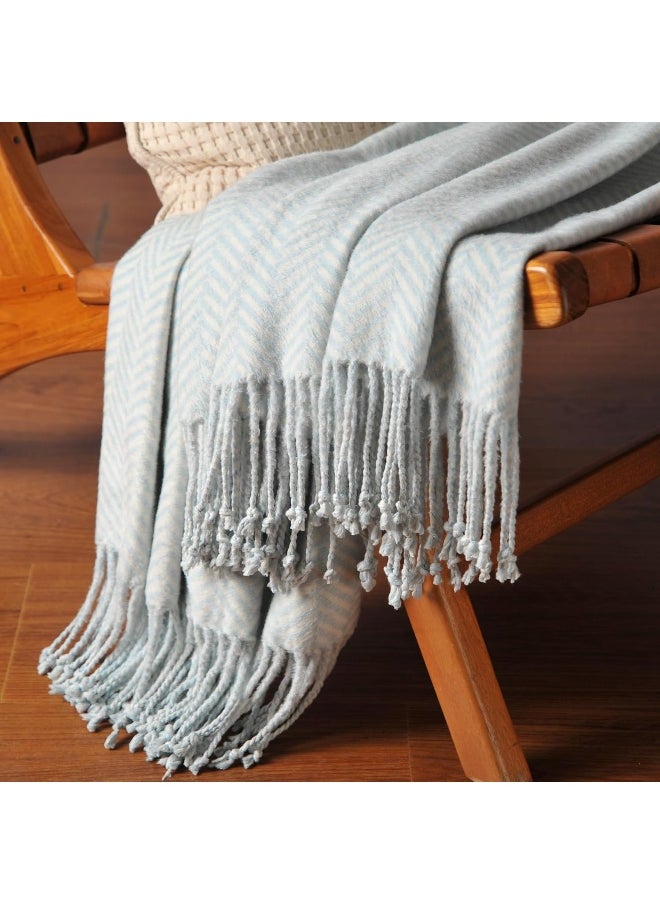 CUDDLE DREAMS Silk Throw Blanket with Fringe, Pure Mulberry Silk, Naturally Soft, Breathable (Herringbone Blue)