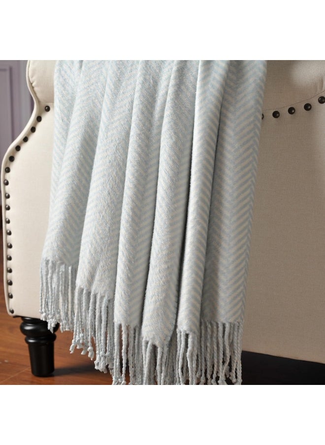 CUDDLE DREAMS Silk Throw Blanket with Fringe, Pure Mulberry Silk, Naturally Soft, Breathable (Herringbone Blue)