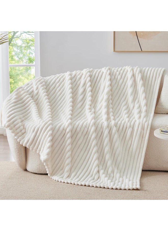 BEDELITE Fleece Throw Blanket for Couch - 300GSM Soft & Warm Fluffy Cream White Blanket, Decorative and Giftable Striped Blankets for Women, Men, 50