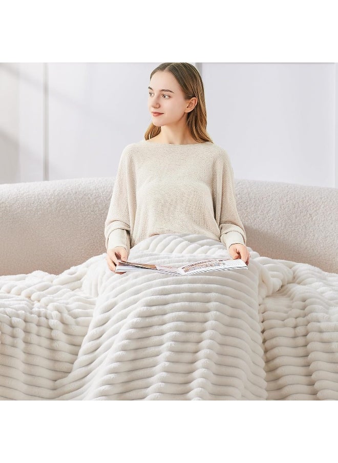 BEDELITE Fleece Throw Blanket for Couch - 300GSM Soft & Warm Fluffy Cream White Blanket, Decorative and Giftable Striped Blankets for Women, Men, 50
