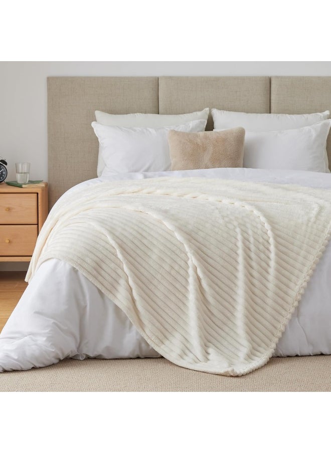 BEDELITE Fleece Throw Blanket for Couch - 300GSM Soft & Warm Fluffy Cream White Blanket, Decorative and Giftable Striped Blankets for Women, Men, 50