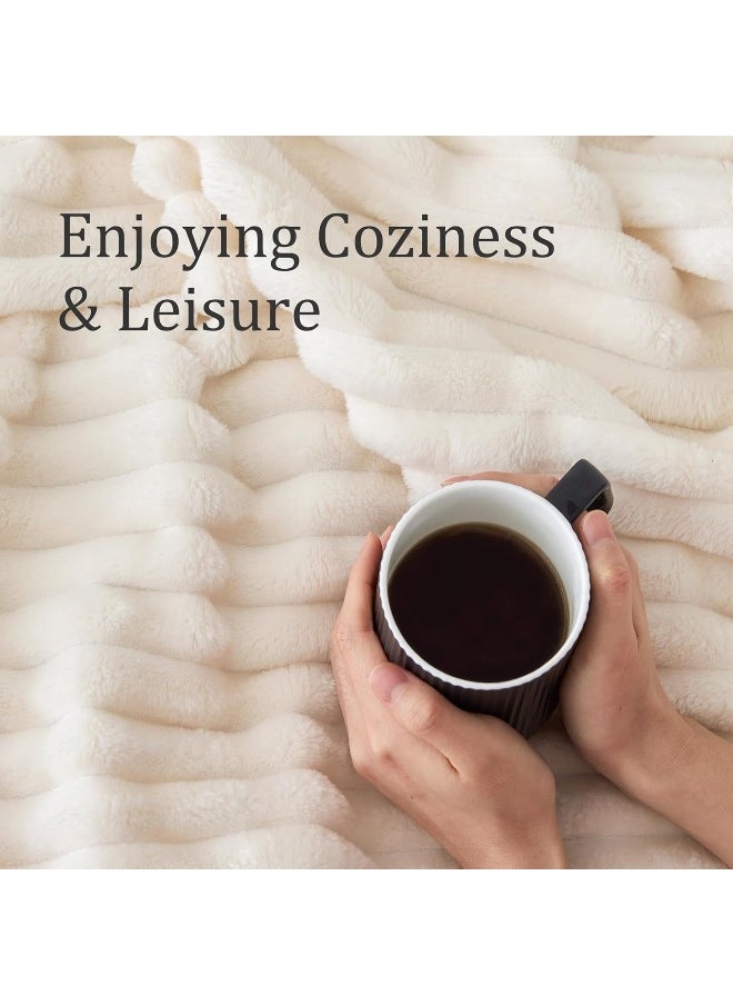 BEDELITE Fleece Throw Blanket for Couch - 300GSM Soft & Warm Fluffy Cream White Blanket, Decorative and Giftable Striped Blankets for Women, Men, 50