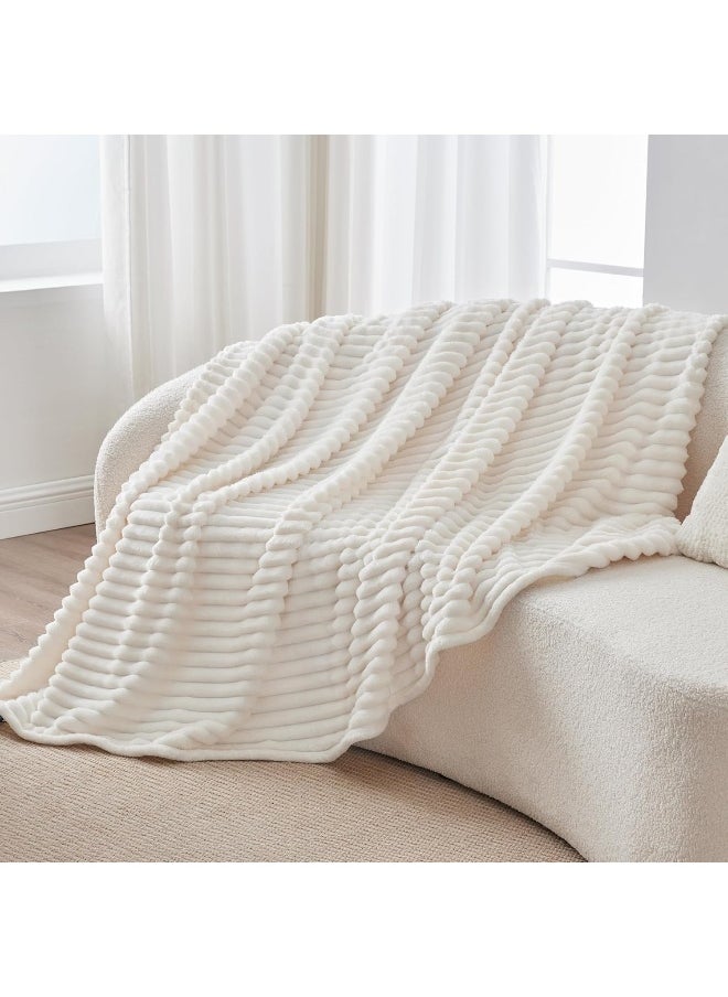 BEDELITE Fleece Throw Blanket for Couch - 300GSM Soft & Warm Fluffy Cream White Blanket, Decorative and Giftable Striped Blankets for Women, Men, 50