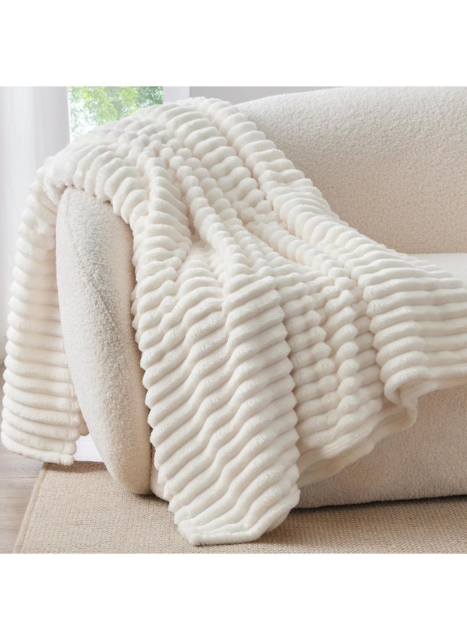 BEDELITE Fleece Throw Blanket for Couch - 300GSM Soft & Warm Fluffy Cream White Blanket, Decorative and Giftable Striped Blankets for Women, Men, 50