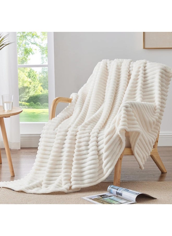 BEDELITE Fleece Throw Blanket for Couch - 300GSM Soft & Warm Fluffy Cream White Blanket, Decorative and Giftable Striped Blankets for Women, Men, 50