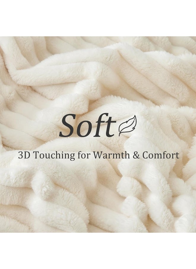 BEDELITE Fleece Throw Blanket for Couch - 300GSM Soft & Warm Fluffy Cream White Blanket, Decorative and Giftable Striped Blankets for Women, Men, 50