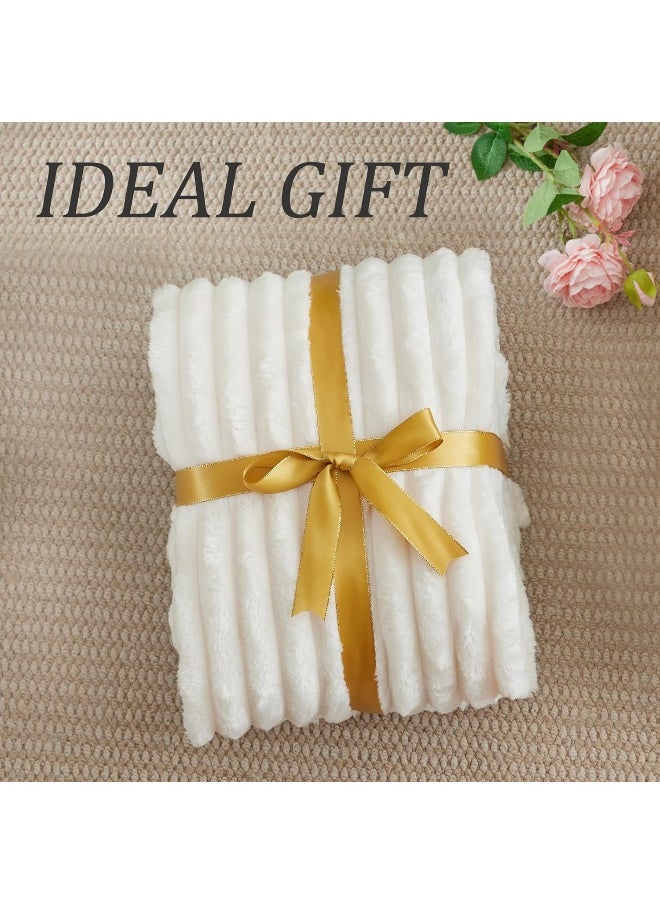 BEDELITE Fleece Throw Blanket for Couch - 300GSM Soft & Warm Fluffy Cream White Blanket, Decorative and Giftable Striped Blankets for Women, Men, 50