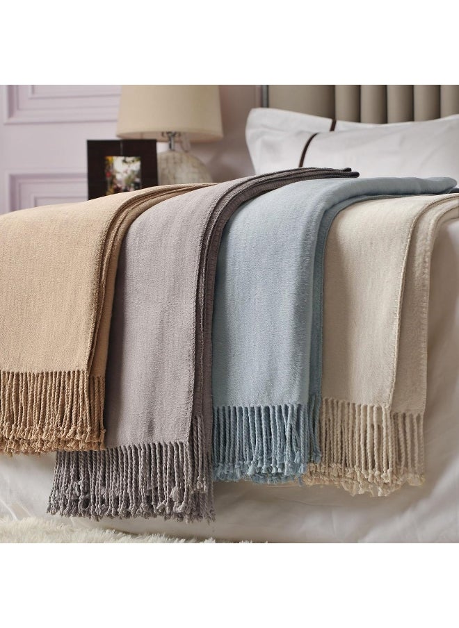 CUDDLE DREAMS Silk Throw Blanket with Fringe, Pure Mulberry Silk, Naturally Soft, Breathable (Taupe)