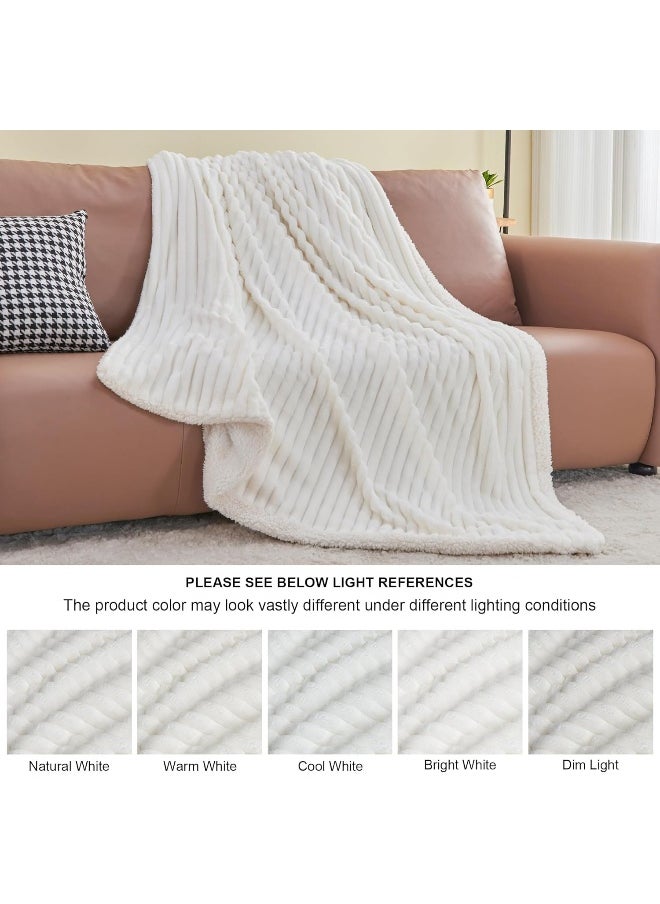 INFIIXSO Sherpa Throw Blanket for Couch - Striped Flannel Fleece Blanket for Sofa All Season Use, Off White, 50x60 inches