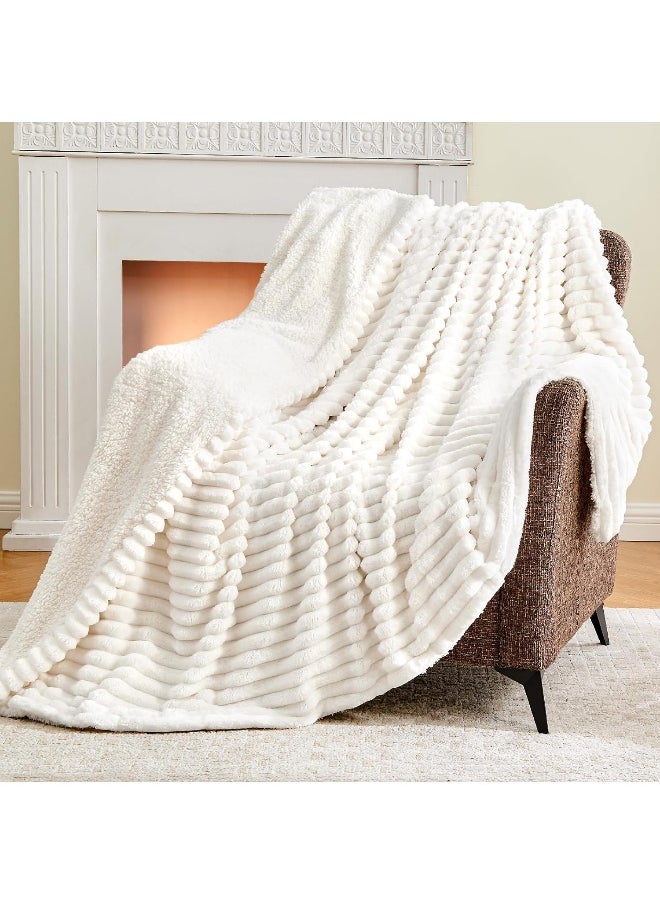 INFIIXSO Sherpa Throw Blanket for Couch - Striped Flannel Fleece Blanket for Sofa All Season Use, Off White, 50x60 inches