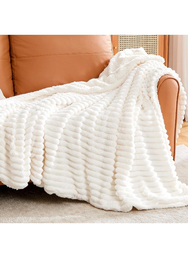 INFIIXSO Sherpa Throw Blanket for Couch - Striped Flannel Fleece Blanket for Sofa All Season Use, Off White, 50x60 inches