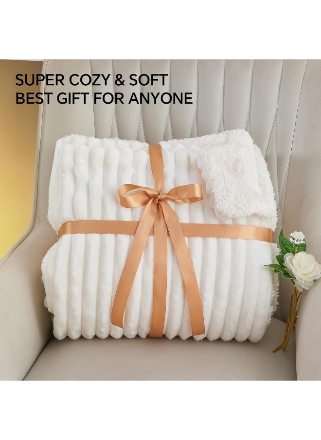 INFIIXSO Sherpa Throw Blanket for Couch - Striped Flannel Fleece Blanket for Sofa All Season Use, Off White, 50x60 inches