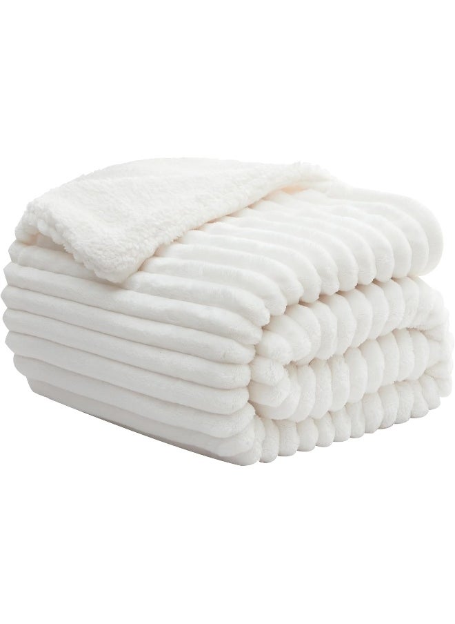 INFIIXSO Sherpa Throw Blanket for Couch - Striped Flannel Fleece Blanket for Sofa All Season Use, Off White, 50x60 inches