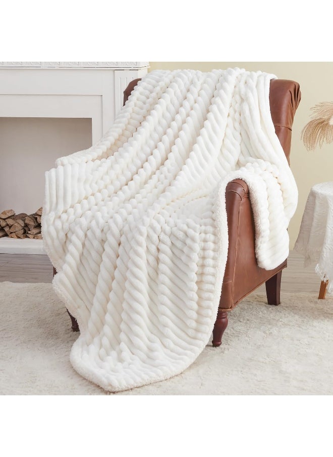 INFIIXSO Sherpa Throw Blanket for Couch - Striped Flannel Fleece Blanket for Sofa All Season Use, Off White, 50x60 inches