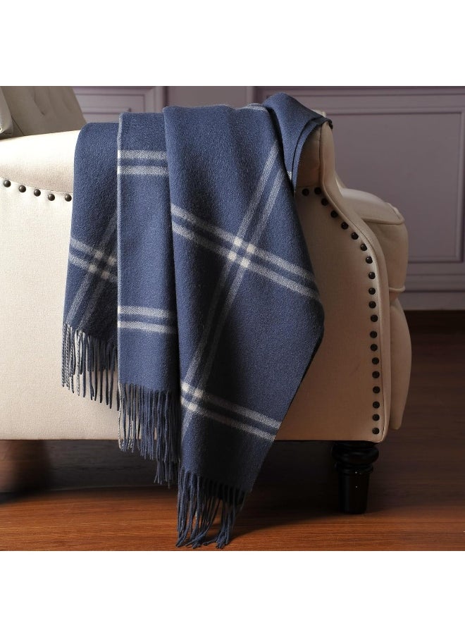 CUDDLE DREAMS Premium Cashmere Throw Blanket with Fringe, Luxuriously Soft (Plaid Blue)