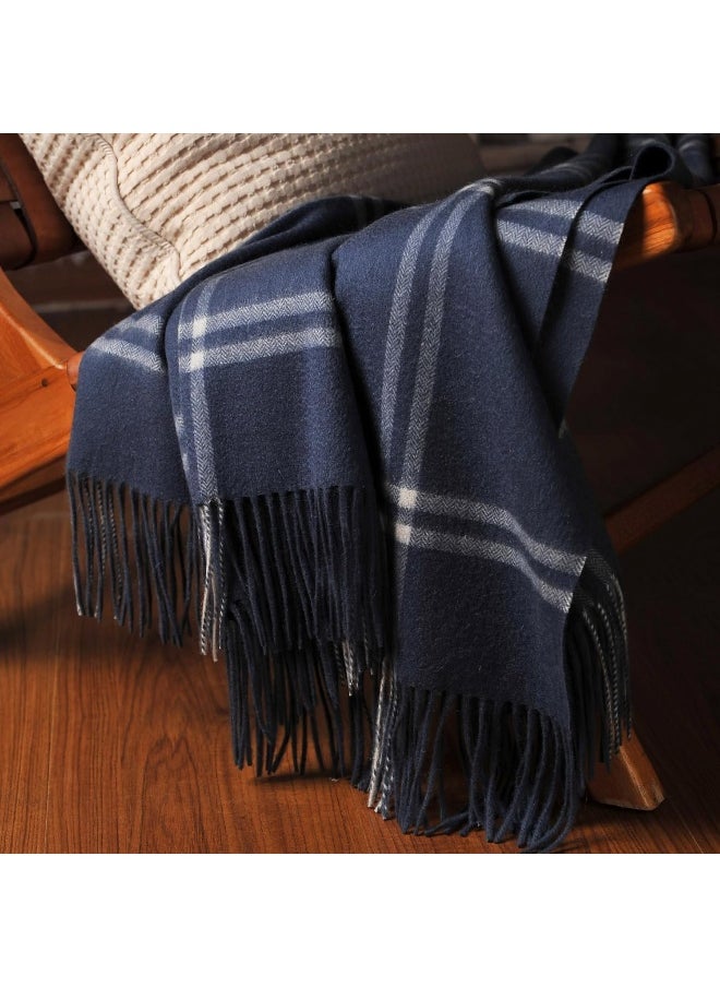 CUDDLE DREAMS Premium Cashmere Throw Blanket with Fringe, Luxuriously Soft (Plaid Blue)