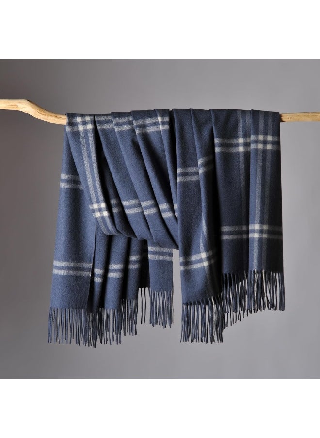 CUDDLE DREAMS Premium Cashmere Throw Blanket with Fringe, Luxuriously Soft (Plaid Blue)