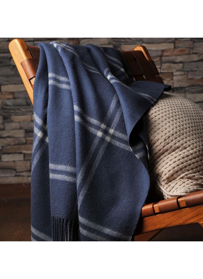 CUDDLE DREAMS Premium Cashmere Throw Blanket with Fringe, Luxuriously Soft (Plaid Blue)