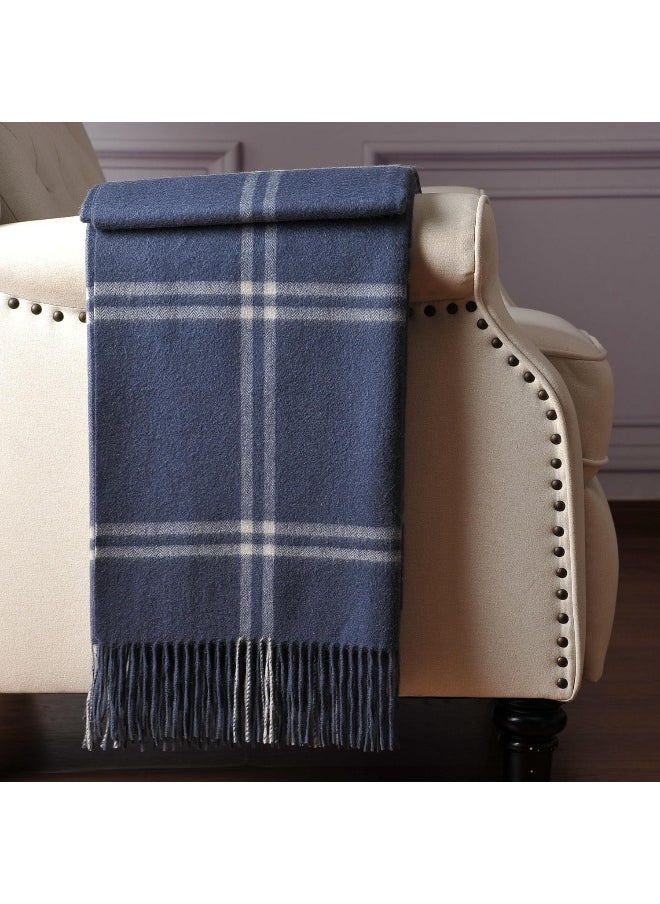 CUDDLE DREAMS Premium Cashmere Throw Blanket with Fringe, Luxuriously Soft (Plaid Blue)