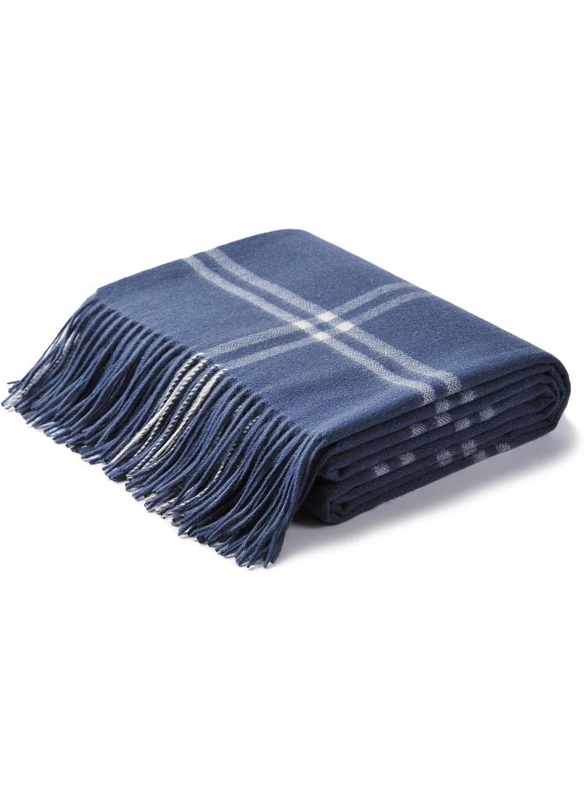 CUDDLE DREAMS Premium Cashmere Throw Blanket with Fringe, Luxuriously Soft (Plaid Blue)