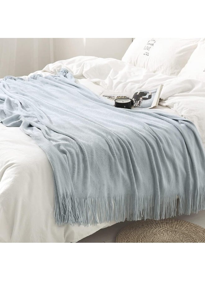 Homiest Decorative Knitted Throw Blanket with Fringe Soft & Cozy Tassel Blanket for Couch Sofa Bed (Light Blue, 50x60)