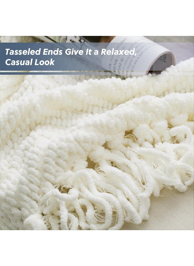 Bedsure Throw Blanket for Couch – Cream White Versatile KnitWoven Chenille Blanket for Chair – Super Soft, Warm & Decorative Blanket with Tassels for Bed, Sofa and Living Room