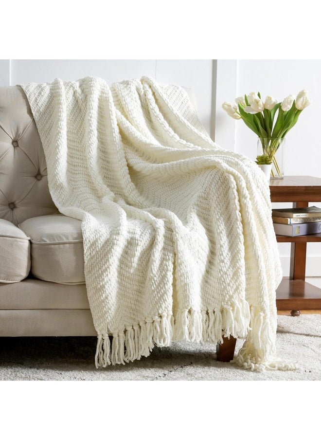 Bedsure Throw Blanket for Couch – Cream White Versatile KnitWoven Chenille Blanket for Chair – Super Soft, Warm & Decorative Blanket with Tassels for Bed, Sofa and Living Room