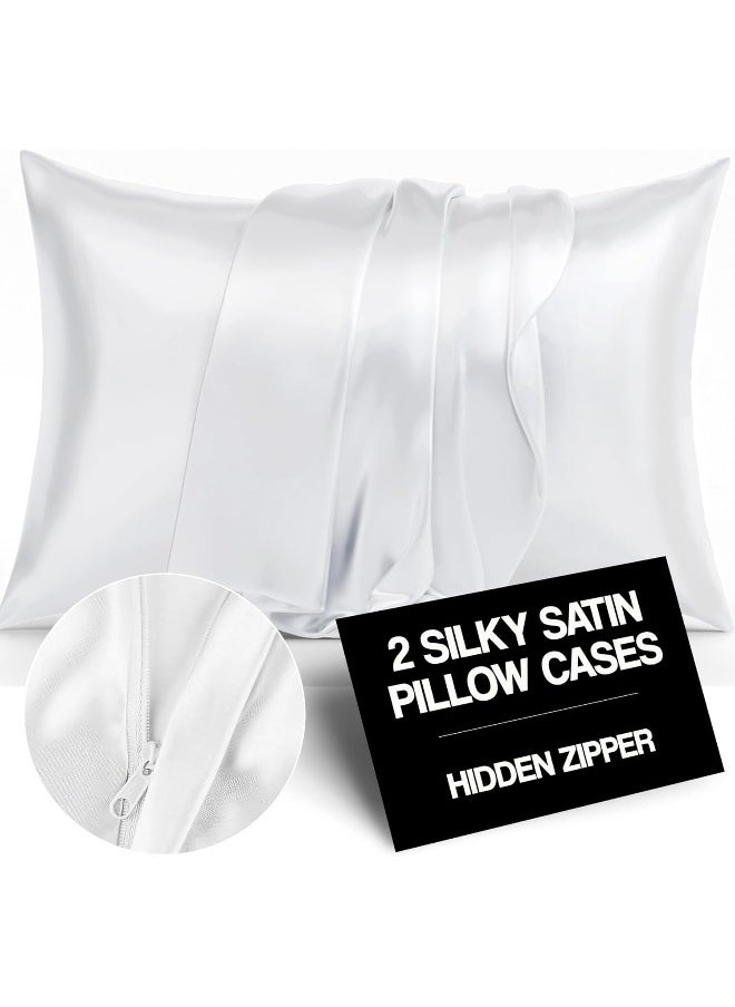 ShopBedding Luxury Satin Pillowcase for Hair – Standard Satin Pillowcase with Zipper, White (Pillowcase Set of 2) – Blissford