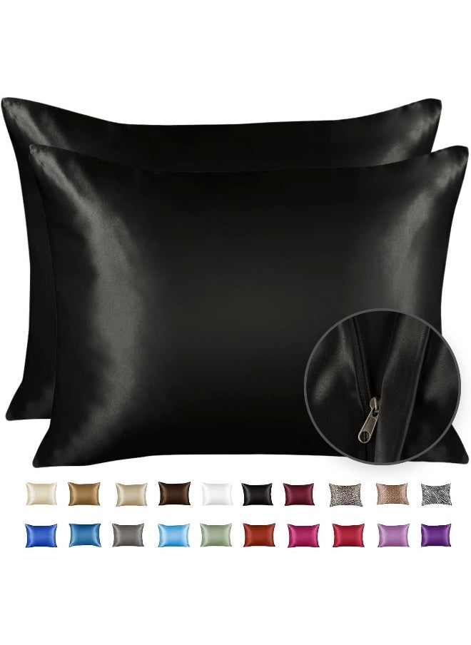 Black Satin Pillowcase for Hair and Skin, Silk Pillowcase Black 2 Pack, Luxury Satin Pillowcases with Zipper Closure, Satin Pillow Case Cover Standard Satin Silk Pillowcase for Hair & Skin