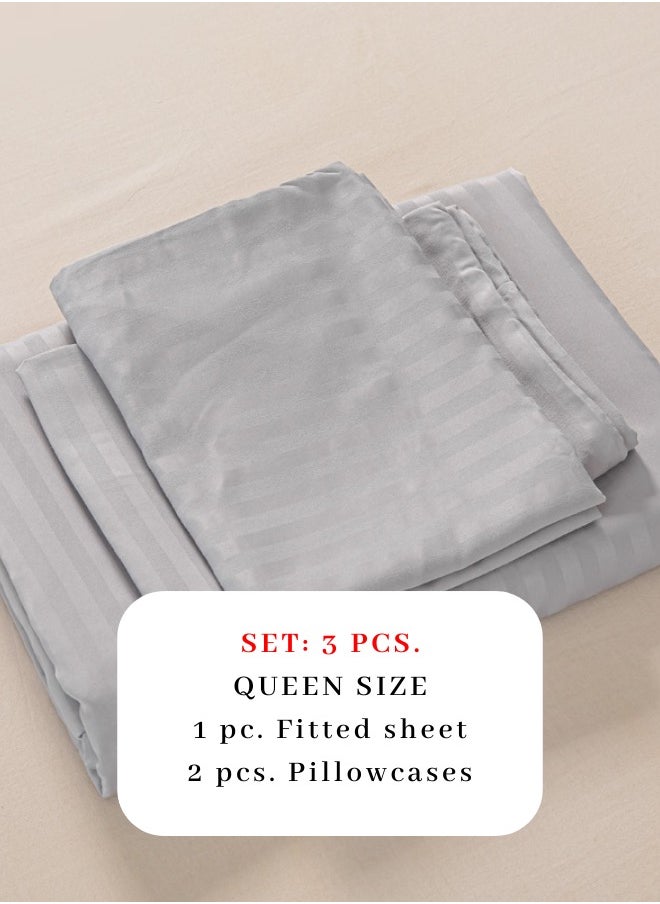 Queen Size 3 Pcs Fitted sheet with elastic corner 160*200 + 30 cm with 2 pillow cases, bedsheet set, light gray.