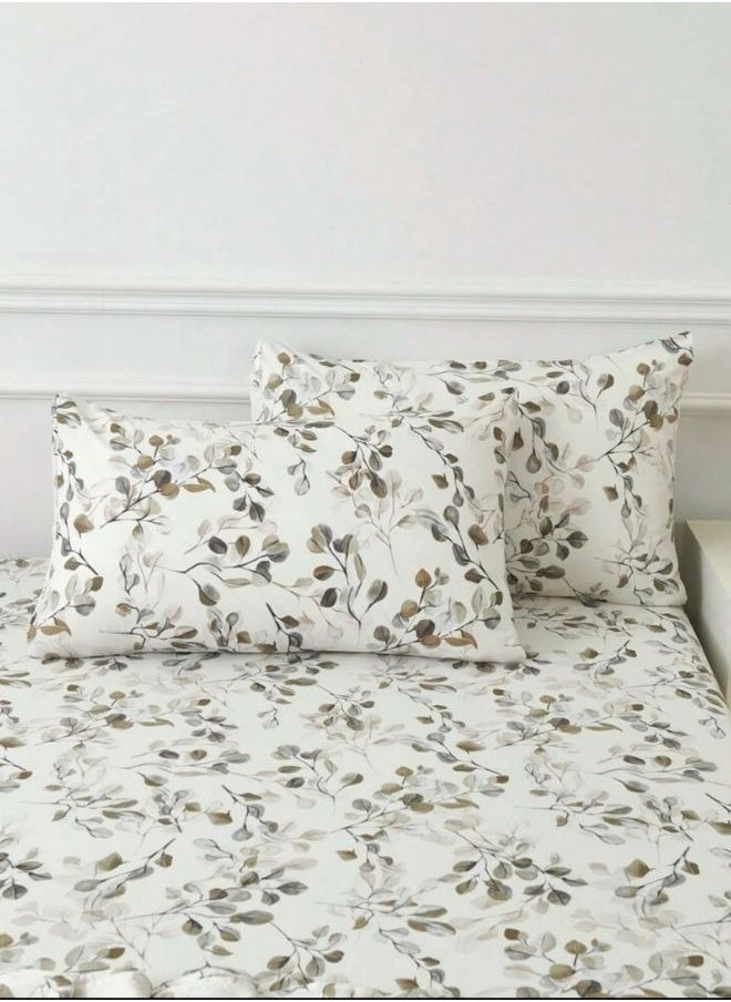 4 Pieces Bedsheet Set Leaves design, Grey.