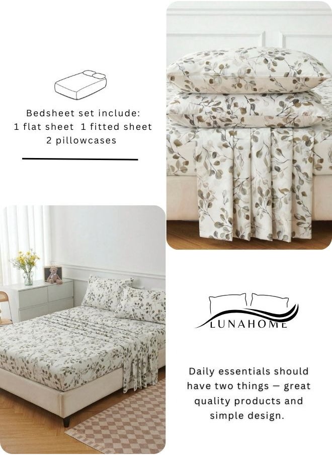 4 Pieces Bedsheet Set Leaves design, Grey.