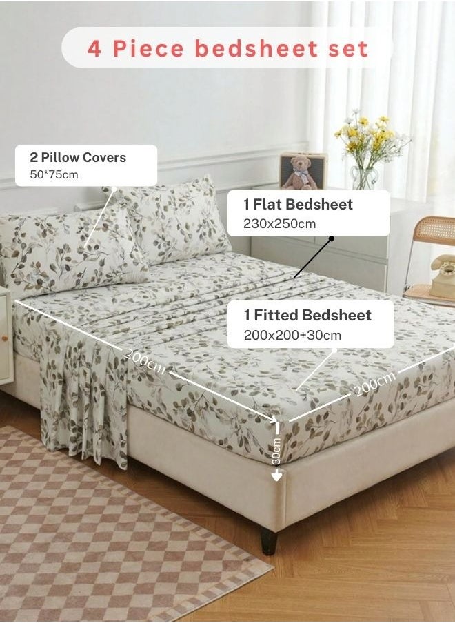 4 Pieces Bedsheet Set Leaves design, Grey.
