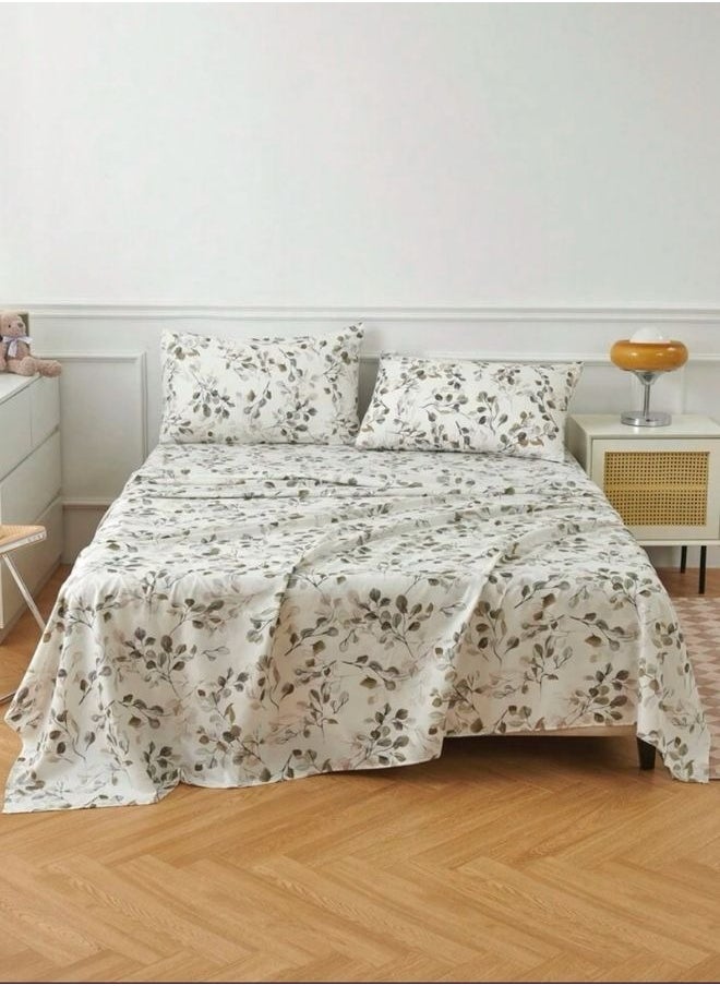 4 Pieces Bedsheet Set Leaves design, Grey.