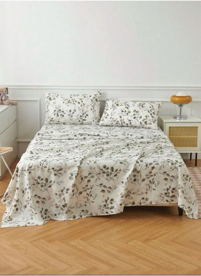 4 Pieces Bedsheet Set Leaves design, Grey.