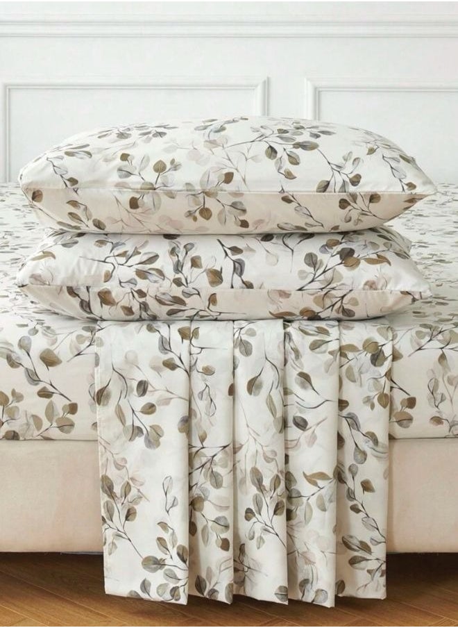 4 Pieces Bedsheet Set Leaves design, Grey.