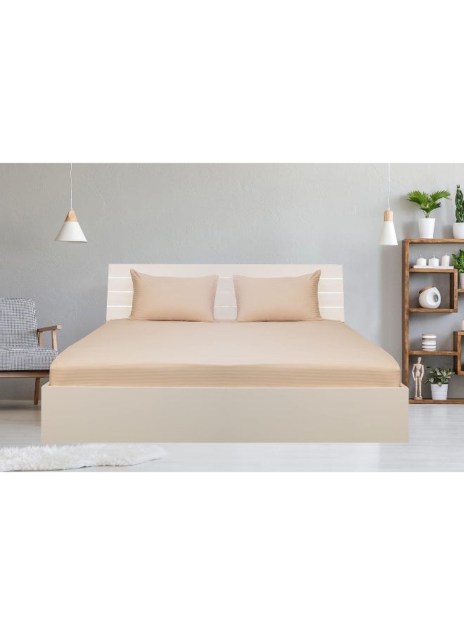 Hotel Linen Klub Double Fitted Sheet - 1 Piece, Luxurious 100% Cotton Sateen with 250 Thread Count, Featuring Classic Stripe Design with Deep Pocket and Elastic Edges, Size: 150 x 200 + 30 cm, Ivory