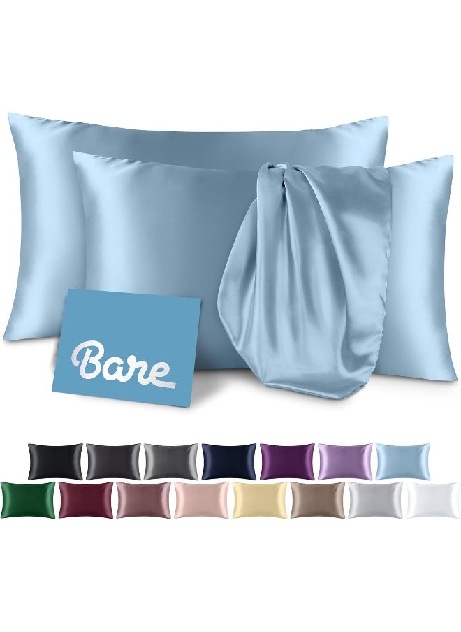 Bare Home Poly Satin Pillowcases for Hair and Skin - 2 Pack Standard/Queen - Luxury Pillowcases - Envelope Enclosure - Soft and Smooth Satin - Breathable - Similar to Silk (Light Blue, 2 Pack)