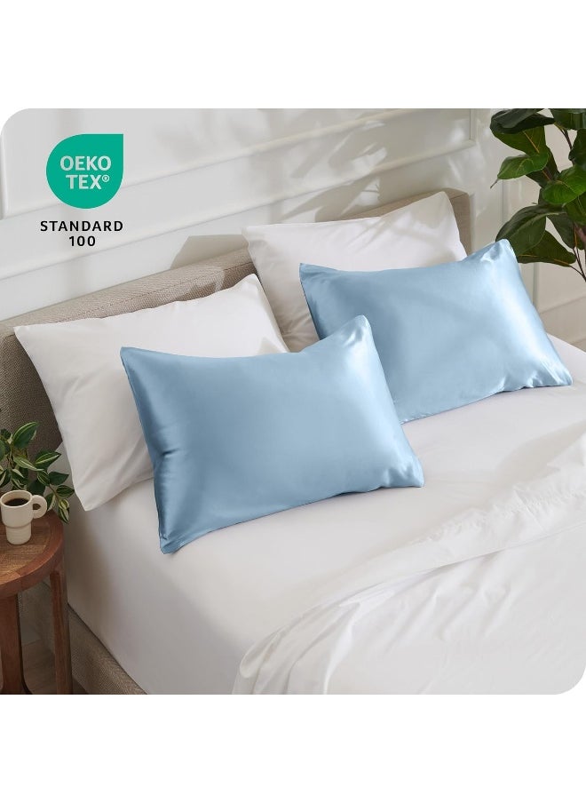 Bare Home Poly Satin Pillowcases for Hair and Skin - 2 Pack Standard/Queen - Luxury Pillowcases - Envelope Enclosure - Soft and Smooth Satin - Breathable - Similar to Silk (Light Blue, 2 Pack)