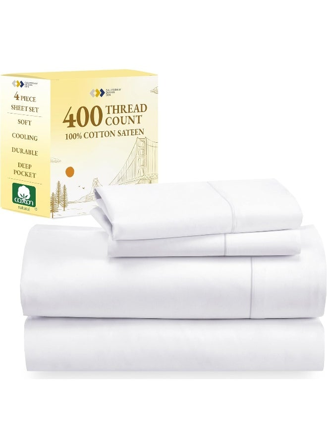 California Design Den King Size Sheets, 100% Cotton Sheets Set, Soft Luxurious 400 Thread Count, 4 Pc Deep Pocket King Sheets & Pillowcase Set (Bright White Sheets)