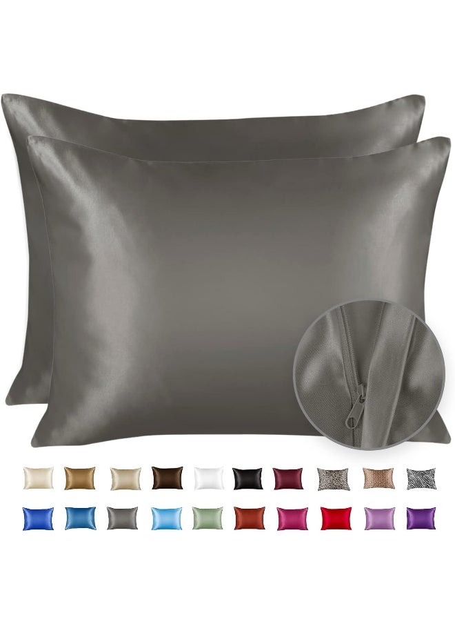 ShopBedding Satin Pillowcase with Zipper, Silver Grey, Queen Size, Set of 2