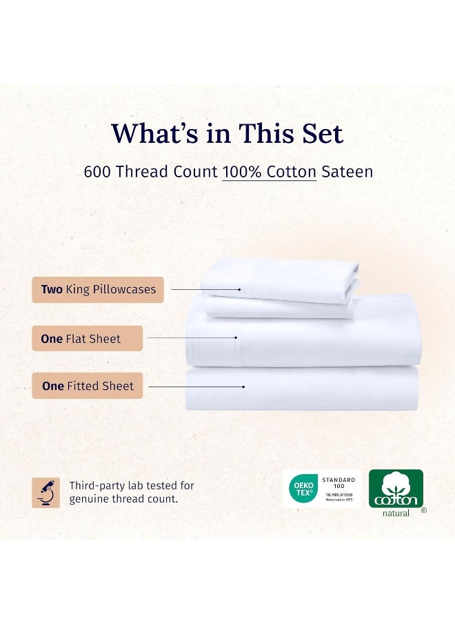 California Design Den Luxury King Size Sheets Set, 600 Thread Count 100% Cotton Sheets, 4 Pc Deep Pocket King Sheets, 5-Star Hotel Sheets, Softer Than Egyptian Cotton Sheets, (White King Bed Sheets)