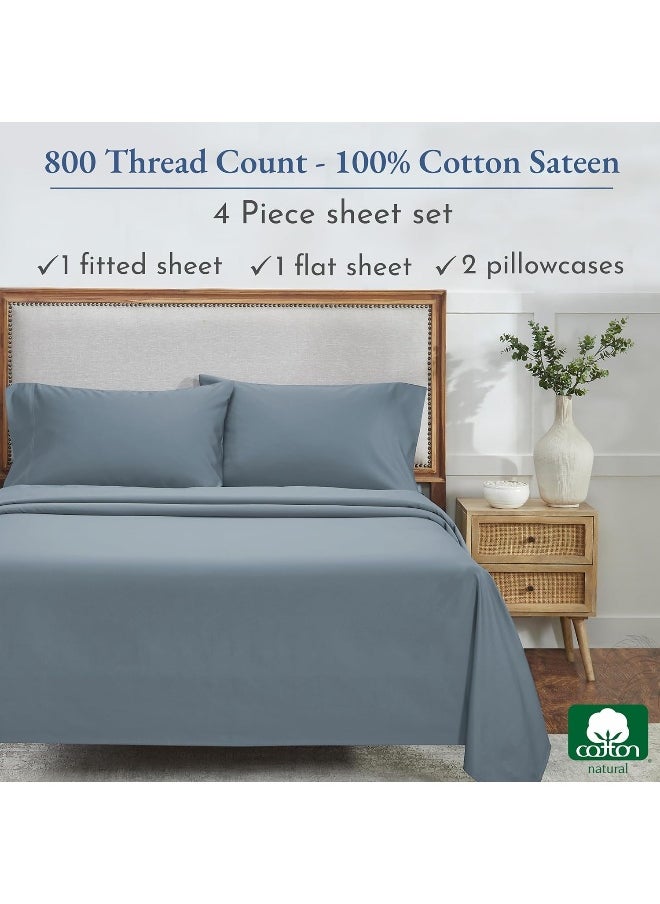 California Design Den 800 Thread Count Sateen Sheets - 100% Natural Cotton Hotel Luxury Range, Soft and Crisp, Deep Pocket with Anti-Slip Gripper Elastic (4 Piece, Queen, Dark Blue)