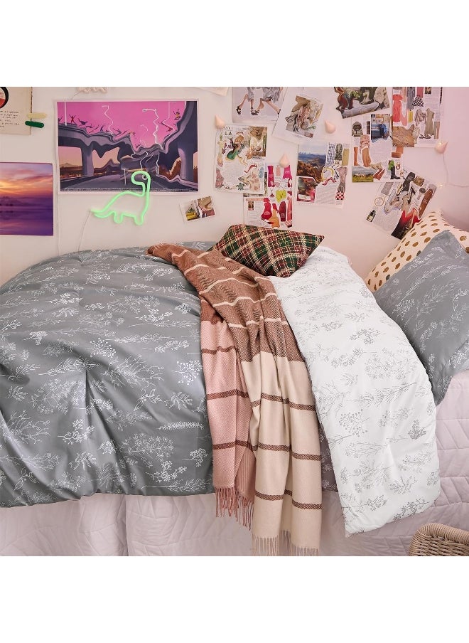 Bedsure Twin Comforter Set - Grey Bed Set, 2 Pieces Cute Floral Bedding, 1 Soft Reversible Botanical Flowers Comforter and 1 Pillow Sham